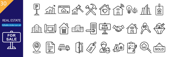 Real estate icons set showcasing various property and transaction elements