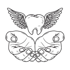 illustration art hand with tooth and wings  engraving ornament tattoo and t-shirt design	