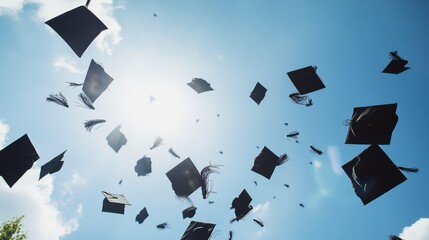 A celebratory scene of graduation caps tossed in the air, Graduation season scene, Festive style