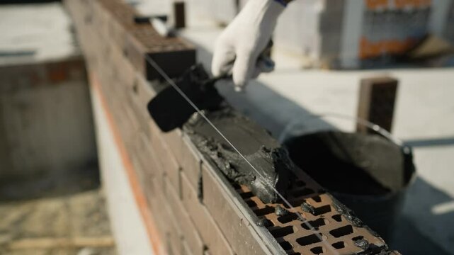 Construction worker applying cement on bricks with trowel