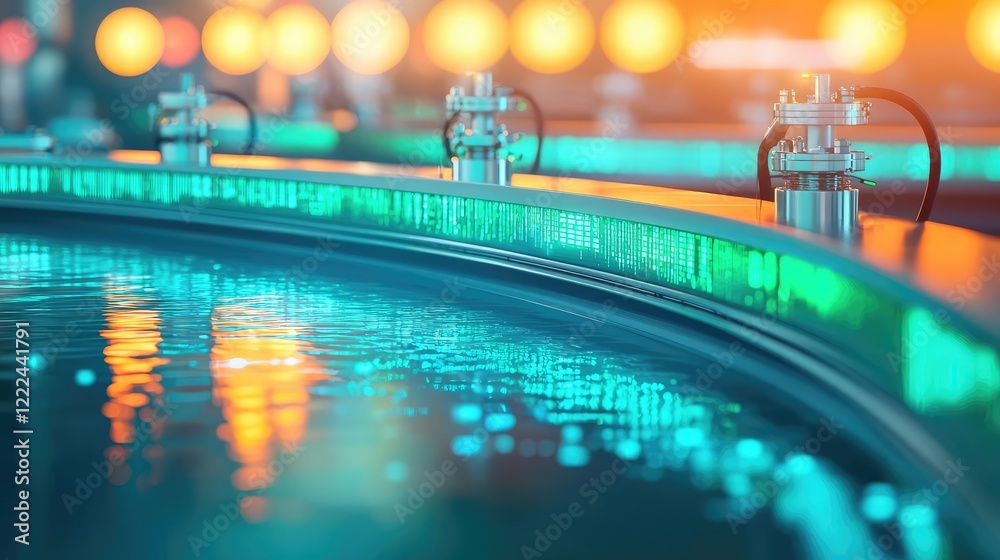 Poster energy efficiency idea. futuristic digital interface with glowing lights and water reflection.