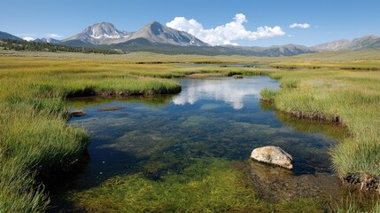 Mountain lake reflection, meadow, clear water, summer landscape, scenic background, nature photography