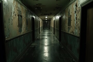 Fototapeta premium Abandoned building hallway, decaying walls, dark atmosphere, mystery, horror film setting