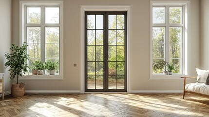 Bright and airy living room with large windows and French doors, hardwood floors, and potted plants.  Sunlight streams in, creating a warm and inviting atmosphere.