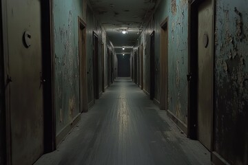 Obraz premium Abandoned building hallway, peeling paint, dark atmosphere, mystery, horror film