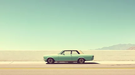 Vintage car on a deserted road by the sea under a clear sky.
