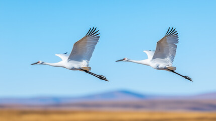 Obraz premium Sandhill Cranes in Flight: Two majestic Sandhill Cranes soar gracefully against a clear blue sky, their wings outstretched in perfect synchronization. The landscape below is subtly blurred.
