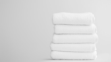 Stack of Soft Towels: A neat stack of fluffy white towels on a simple backdrop. The image exudes cleanliness and spa-like relaxation. Perfect for hotels, resorts, and home decor. 