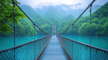 Turquoise waters stretch across a tranquil bay, with a graceful suspension bridge arching over them.
