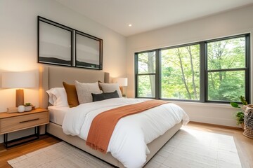 contemporary bedroom sanctuary with oversized upholstered headboard, layered textiles, and ambient lighting, featuring minimalist nightstand and curated accessories