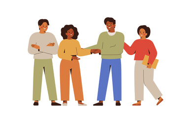 Partners handshaking with respect, business teams collaborate. Unity and support between colleagues in company. Start up and work project begining. Vector illustration