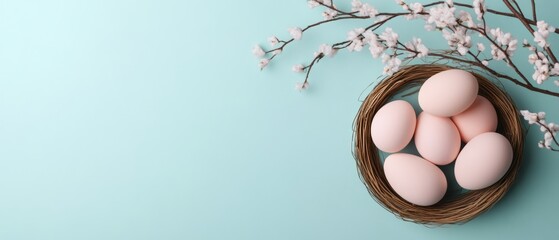 Pastel Easter Aesthetics Minimal Egg Nest on Soft Blue - Spring Style for Modern Event Design and Mothers Day Celebrations