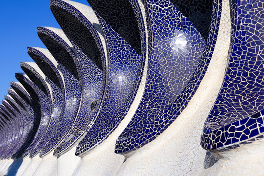 Architectural details made of ceramic mosaic tiles of The Umbracle structure in the City of Arts in Valencia city
