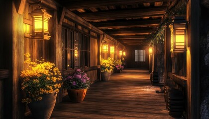 Warm Lanterns Light a Wooden Pathway at Dusk with Colorful Flowers