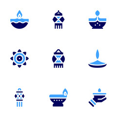 Diwali icon set. Bold style. Duotone colors. diwali, lamp, candle, rangoli, lantern, sail, hand