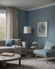 Cozy living room with blue walls beige furniture and modern minimalist decor