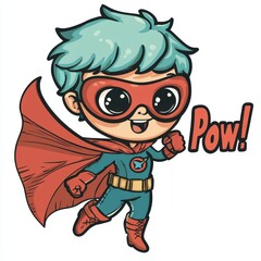 Cheerful cartoon superhero character with blue hair red cape and colorful costume posing with energetic style