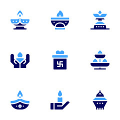 Diwali icon set. Bold style. Duotone colors. oil lamp, gift, candle, kumbh kalash, candelabra, lamp, lantern