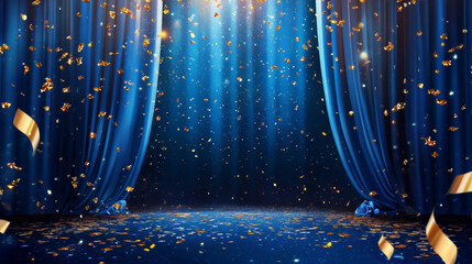 Show or festival announcement banner template. Vector cartoon illustration of closed blue drapery curtains on theater or concert hall stage, golden confetti flying in air, text illuminated by