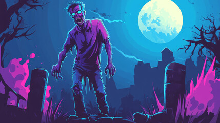 Zombie banner with scary monster, green undead character. Vector landing page with cartoon illustration of creepy dead man with brain and dangling arms walking on river coast at night