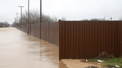 Flooded Street: A high angle view of a flooded street with a fence, power lines, and trees. The image captures the destructive power of nature and the sense of uncertainty that can accompany floods. 