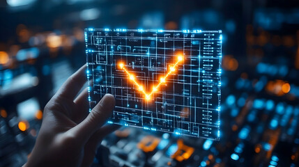 Hand holding a glowing holographic panel with an orange checkmark symbol surrounded by blue digital grids and futuristic technology