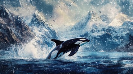 Obraz premium A dynamic scene of an orca breaching the ocean, creating a dramatic spray of water, with snowy mountains in the background. 