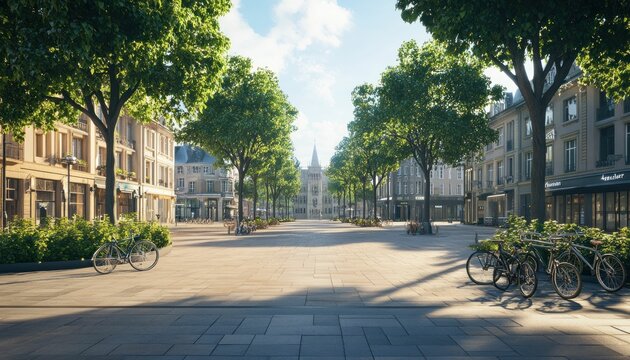 Sunlit European City Square with Bicycles and Lush Greenery Surrounding Historic Buildings