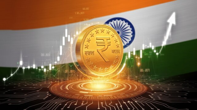 a golden Indian rupee coin with stock market graphs, india economy and finance, economic growth.