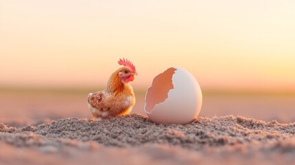 Dreamlike Spring Awakening Surreal Miniature Rooster Emerging from Egg - Agricultural Innovation and Pastel Decor for National Poultry Day and Spring Marketing
