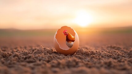 Surreal Spring Artistry Miniature Rooster from Cracking Egg in Dreamy Field National Poultry Day Visions for Agricultural Innovation and Seasonal Marketing Dynamics