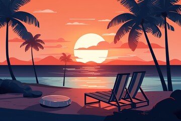 Illustration of a sunset on a bright tropical beach with silhouettes of swaying palm trees in the foreground, casting a warm glow over the sand and calm sea water.