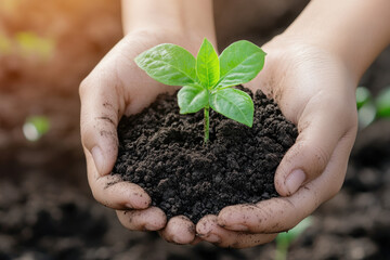 A pair of hands cradles a small green plant sprouting from rich soil, symbolizing growth, nurturing, and environmental care.