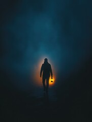 Obraz premium A lone figure walks into a misty night with the warm glow of a lantern guiding the way