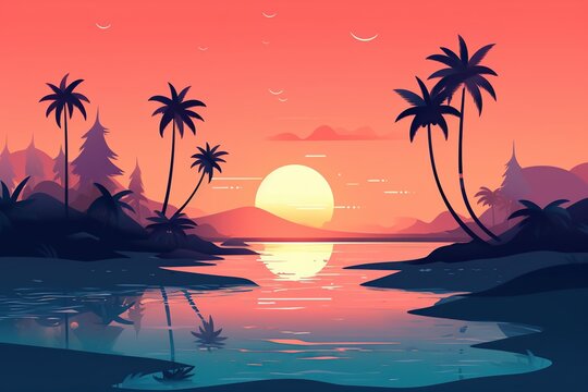 Illustration of a sunset on a bright tropical beach with silhouettes of swaying palm trees in the foreground, casting a warm glow over the sand and calm sea water.