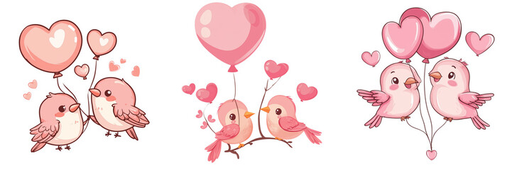 Set of A close-up shot of two birds with soft pink wings perched on a tree branch, with a soft on transparent png background