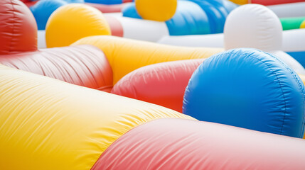 Inflatable Obstacle Course: A vibrant and colorful inflatable obstacle course, designed for kids and adults alike, invites you to test your agility and balance. This photo captures the fun.