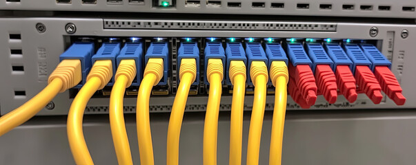 The image showcases a close-up of a network switch with multiple fiber optic cables connected, featuring blue and red connectors.
