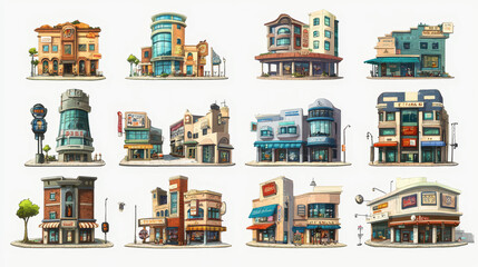 Urban retro building cartoon vector set illustration. Old and modern shopping mall, residential, government buildings with shop, restaurant or cafe on lower floor, isolated on white background