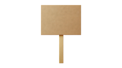 Empty cardboard placard on wooden stick, isolated on transparent background, ideal for adding text or graphic designs