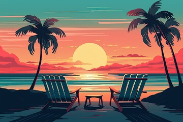 Illustration of a sunset on a bright tropical beach with silhouettes of swaying palm trees in the foreground, casting a warm glow over the sand and calm sea water.