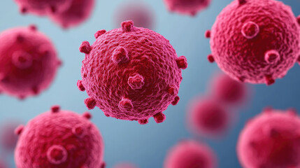 A close-up view of virus particles depicted in vibrant red, showcasing their detailed structure against a blurred blue background.