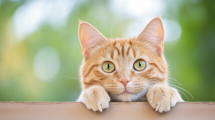 Obraz premium Curious Orange Tabby Cat: A captivating orange tabby cat with piercing green eyes peers curiously from behind a wooden fence, its paws resting on the edge as if ready to pounce.