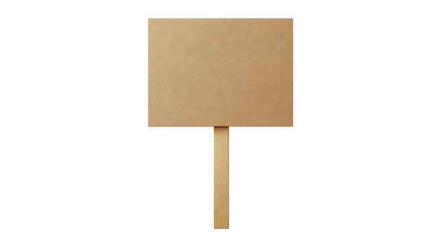 Empty cardboard placard on wooden stick, isolated on transparent background, ideal for adding text or graphic designs