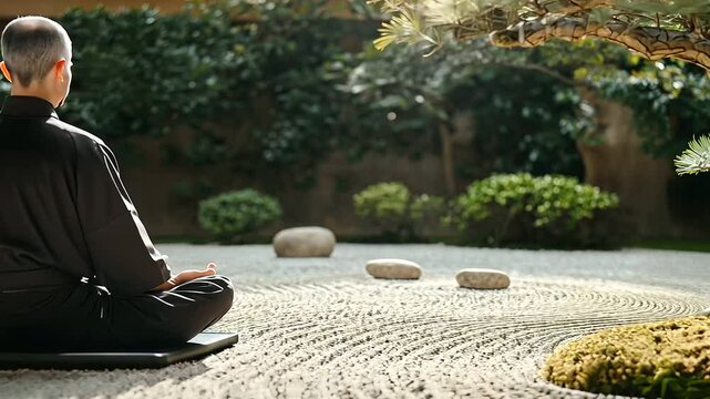 Zen Garden Serenity with Person Meditating Among Bonsai Trees