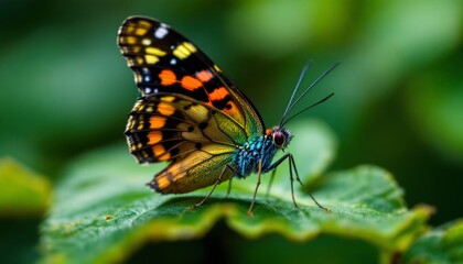 Naklejka premium Vibrant Butterfly Resting on Leaf Displaying Colorful Wing Patterns and Fine Details