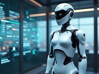 Innovative agentic AI robot standing in a modern office environment with advanced technology and digital interface in the background