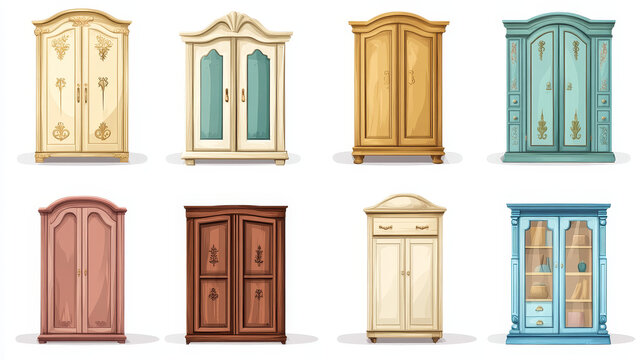 Cartoon cupboards baroque, shabby chic or classic style. Luxury interior cabinets vintage stuff, old fashioned furniture, wooden wardrobe isolated on white background, cartoon vector illustration, set