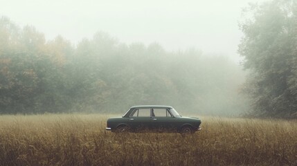 Fototapeta premium Classic car in foggy autumn field.