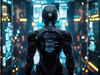 Dynamic humanoid AI displays intelligence and power amid holographic cityscapes and digital schematics in an immersive futuristic environment